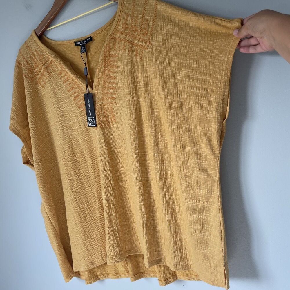 Cable & Gauge Woman Flowy Blouse Top Boho Embroidered Cap Sleeve Yellow Size 3X - Picture 5 of 13